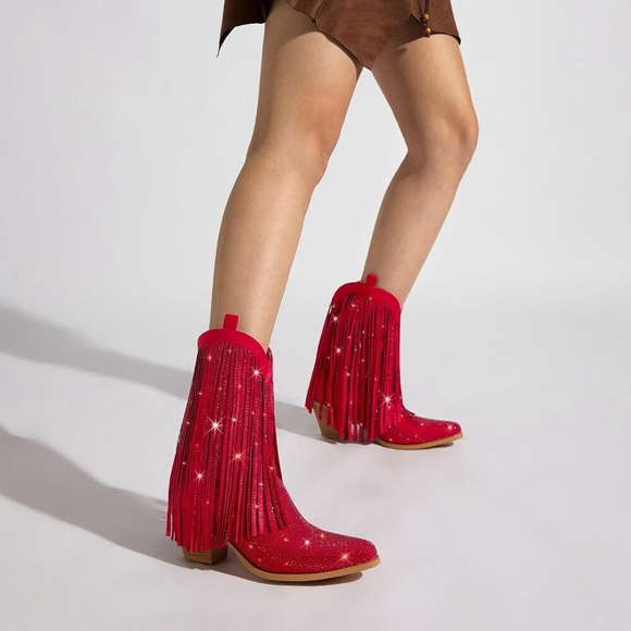 NWT Women’s Cowgirl Boots Rhinestone Fringe Sparkly Western Red Chunky Heel - Picture 2 of 10